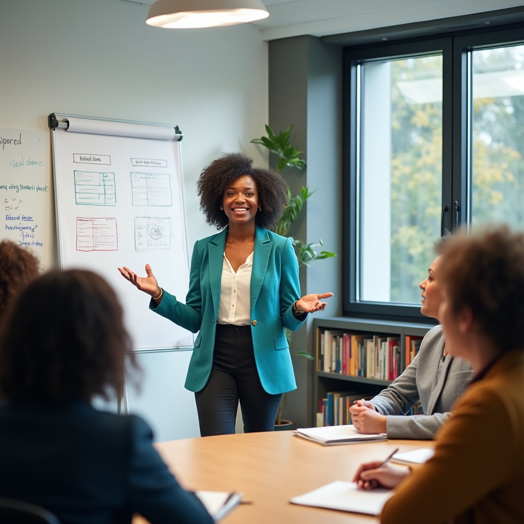 Moderatorin leitet einen Workshop über Familienfinanzen in heller Umgebung